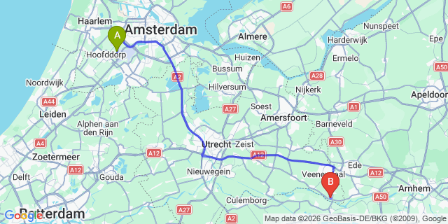 Map: Amsterdam Schiphol Airport (AMS) to Rhenen