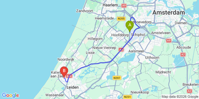 Map: Amsterdam Schiphol Airport (AMS) to Rijnsburg