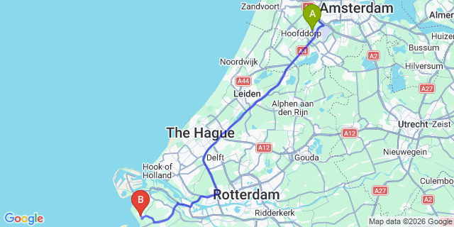Map: Amsterdam Schiphol Airport (AMS) to Rockanje
