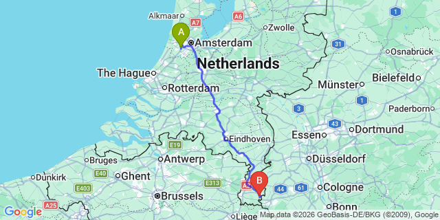 Map: Amsterdam Schiphol Airport (AMS) to Roermond
