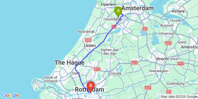 Map: Amsterdam Schiphol Airport (AMS) to Rotterdam Cruise Port