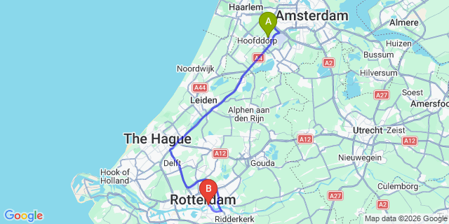Map: Amsterdam Schiphol Airport (AMS) to Rotterdam Marina