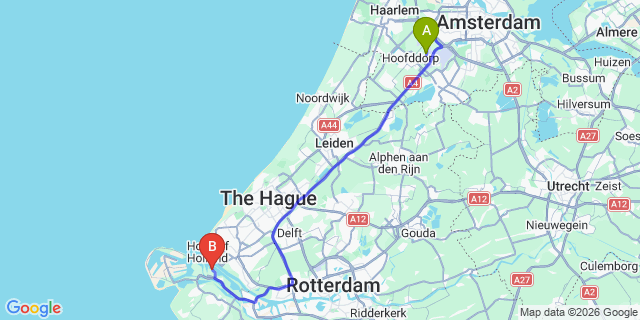 Map: Amsterdam Schiphol Airport (AMS) to Rotterdam Port