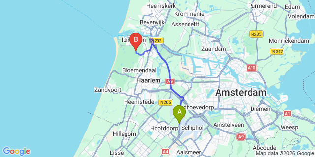 Map: Amsterdam Schiphol Airport (AMS) to Santpoort-Noord