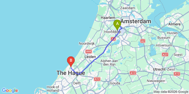 Map: Amsterdam Schiphol Airport (AMS) to Scheveningen