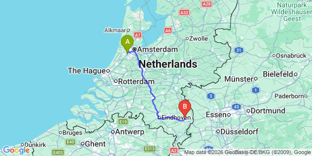 Map: Amsterdam Schiphol Airport (AMS) to Sevenum