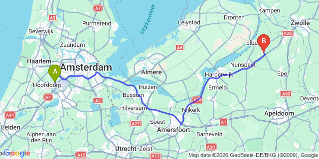 Map: Amsterdam Schiphol Airport (AMS) to t Harde