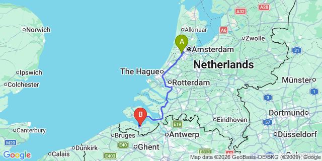 Map: Amsterdam Schiphol Airport (AMS) to Terneuzen
