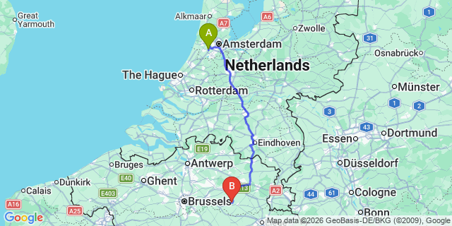 Map: Amsterdam Schiphol Airport (AMS) to Tilburg