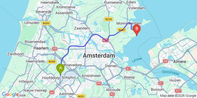 Map: Amsterdam Schiphol Airport (AMS) to Uitdam