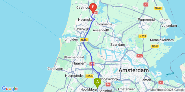 Map: Amsterdam Schiphol Airport (AMS) to Uitgeest