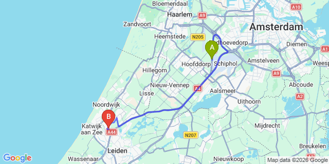 Map: Amsterdam Schiphol Airport (AMS) to Vakantienpark Koningshof