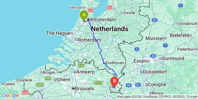 Map: Amsterdam Schiphol Airport (AMS) to Valkenburg aan de Geul