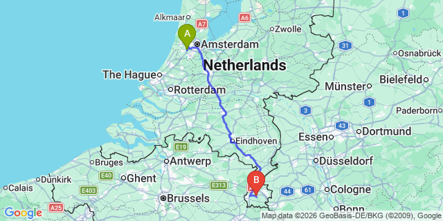 Map: Amsterdam Schiphol Airport (AMS) to Valkenburg