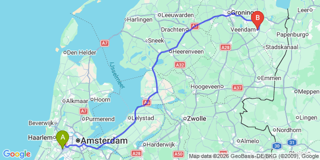 Map: Amsterdam Schiphol Airport (AMS) to Veendam