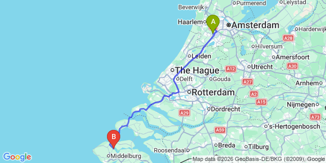 Map: Amsterdam Schiphol Airport (AMS) to Veere