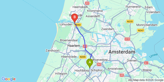 Map: Amsterdam Schiphol Airport (AMS) to Velsen-Zuid