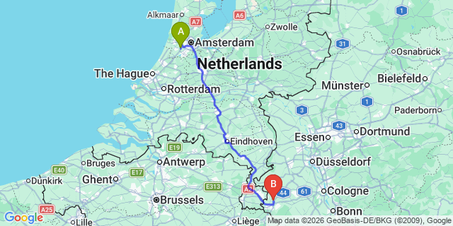 Map: Amsterdam Schiphol Airport (AMS) to Venlo