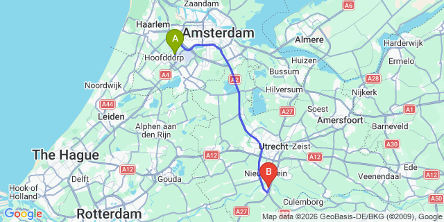 Map: Amsterdam Schiphol Airport (AMS) to Vianen
