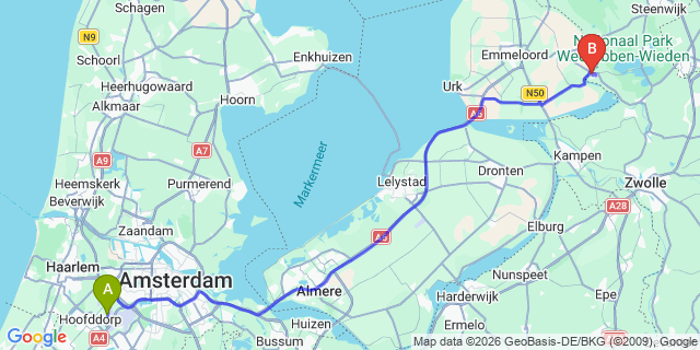 Map: Amsterdam Schiphol Airport (AMS) to Vollenhove