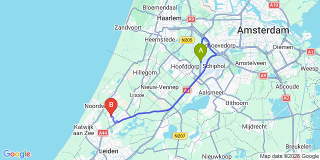 Map: Amsterdam Schiphol Airport (AMS) to Voorhout