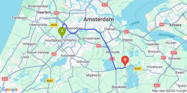 Map: Amsterdam Schiphol Airport (AMS) to Vreeland