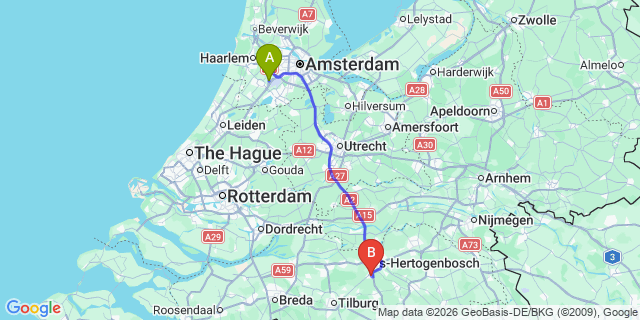 Map: Amsterdam Schiphol Airport (AMS) to Vught