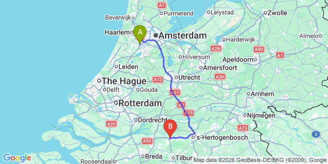 Map: Amsterdam Schiphol Airport (AMS) to Waalwijk