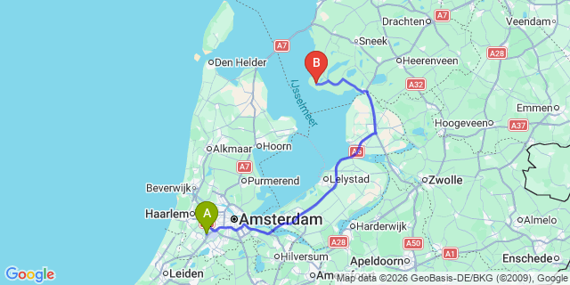Map: Amsterdam Schiphol Airport (AMS) to Warns
