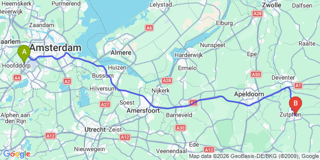 Map: Amsterdam Schiphol Airport (AMS) to Warnsveld