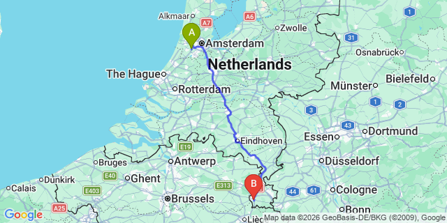 Map: Amsterdam Schiphol Airport (AMS) to Weert