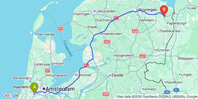 Map: Amsterdam Schiphol Airport (AMS) to Winschoten