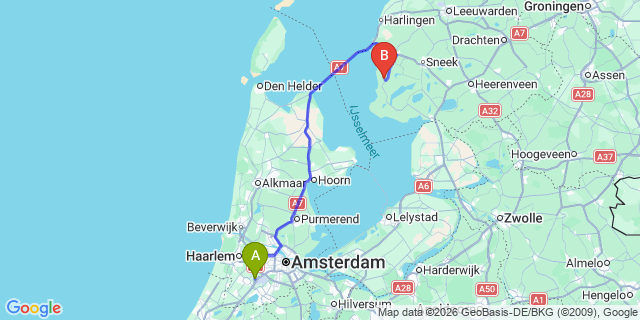Map: Amsterdam Schiphol Airport (AMS) to Workum