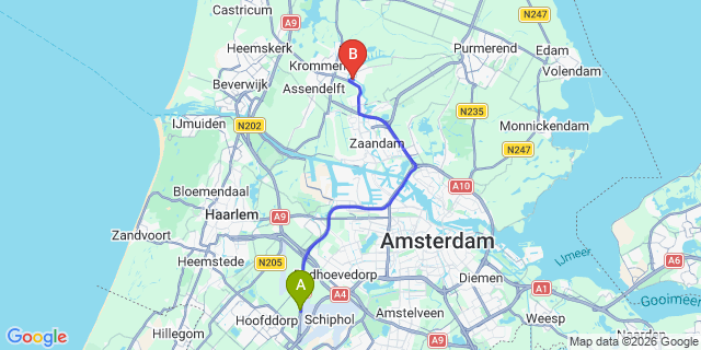 Map: Amsterdam Schiphol Airport (AMS) to Wormerveer