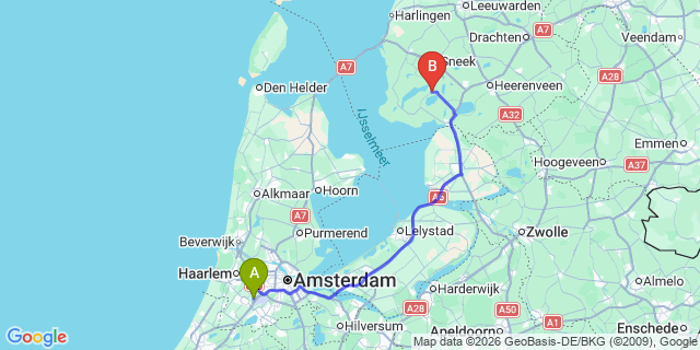 Map: Amsterdam Schiphol Airport (AMS) to Woudsend