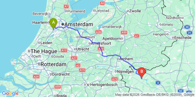 Map: Amsterdam Schiphol Airport (AMS) to Wunderland Kalkar
