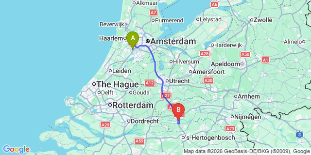 Map: Amsterdam Schiphol Airport (AMS) to Zaltbommel