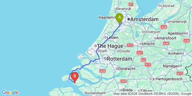 Map: Amsterdam Schiphol Airport (AMS) to Zierikzee