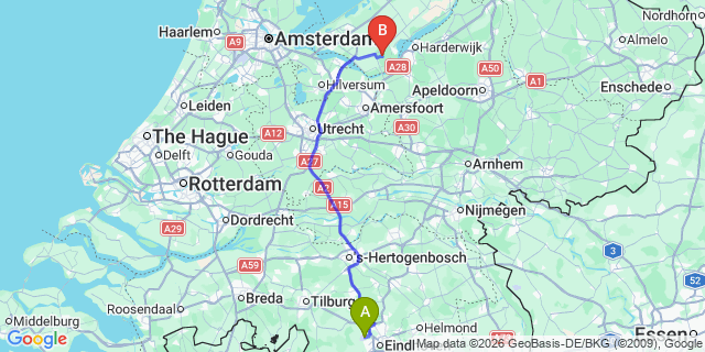 Map: Eindhoven Airport (EIN) to Lelystad