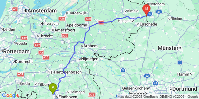 Map: Eindhoven Airport (EIN) to Winschoten