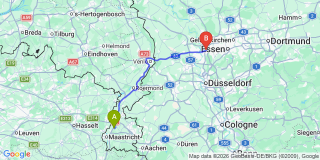 Map: Maastricht Airport (MST) to Düsseldorf city (all areas)