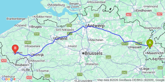 Map: Maastricht Airport (MST) to Oostende