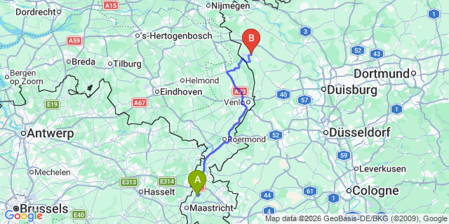 Map: Maastricht Airport (MST) to Weeze