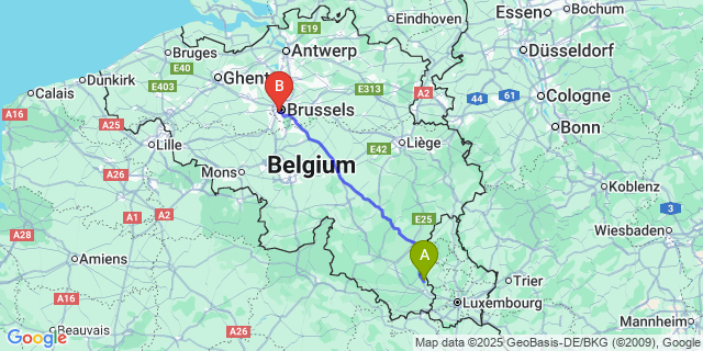 Map: Brussels Midi Train Station to Attert