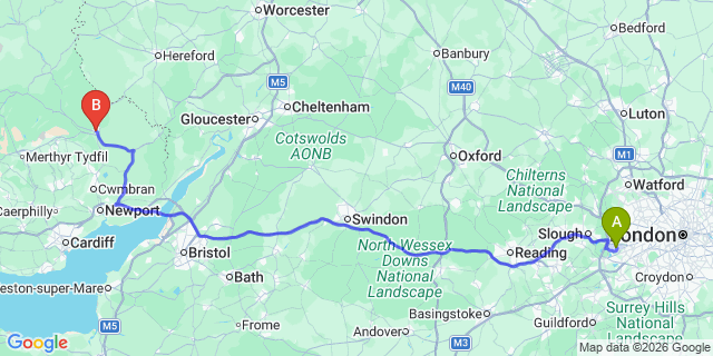 Map: London Heathrow Airport (LHR) to Abergavenny