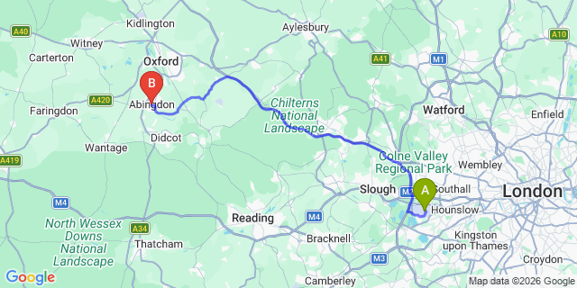 Map: London Heathrow Airport (LHR) to Abingdon