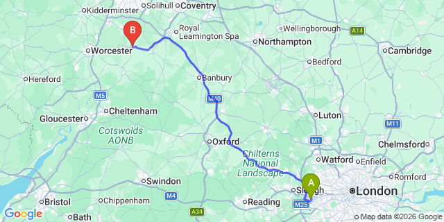 Map: London Heathrow Airport (LHR) to Alcester