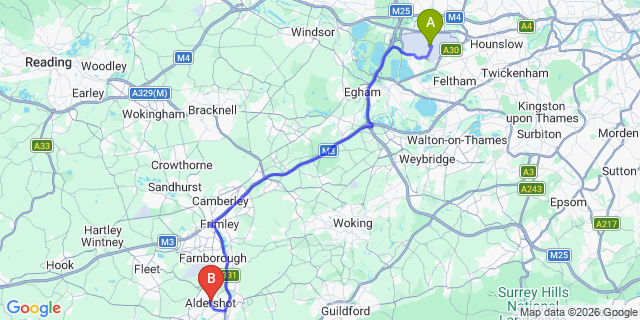 Map: London Heathrow Airport (LHR) to Aldershot