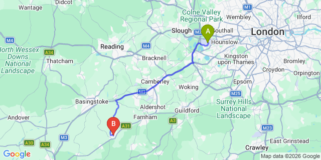 Map: London Heathrow Airport (LHR) to Alton