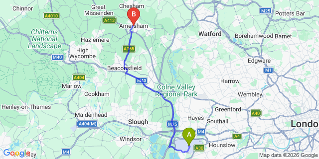 Map: London Heathrow Airport (LHR) to Amersham
